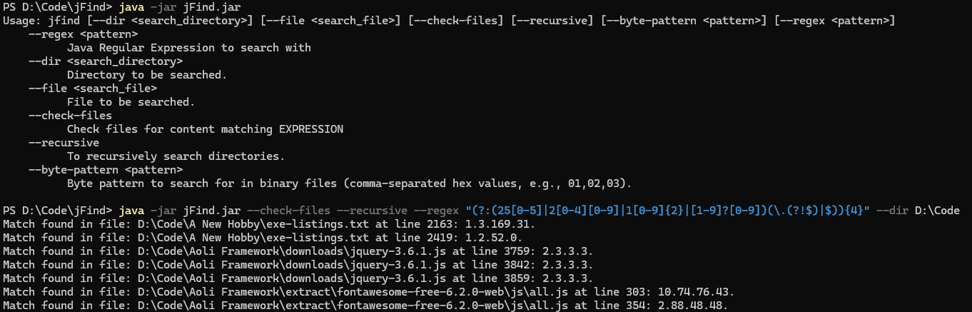 jFind example image searching for IPv4 format text